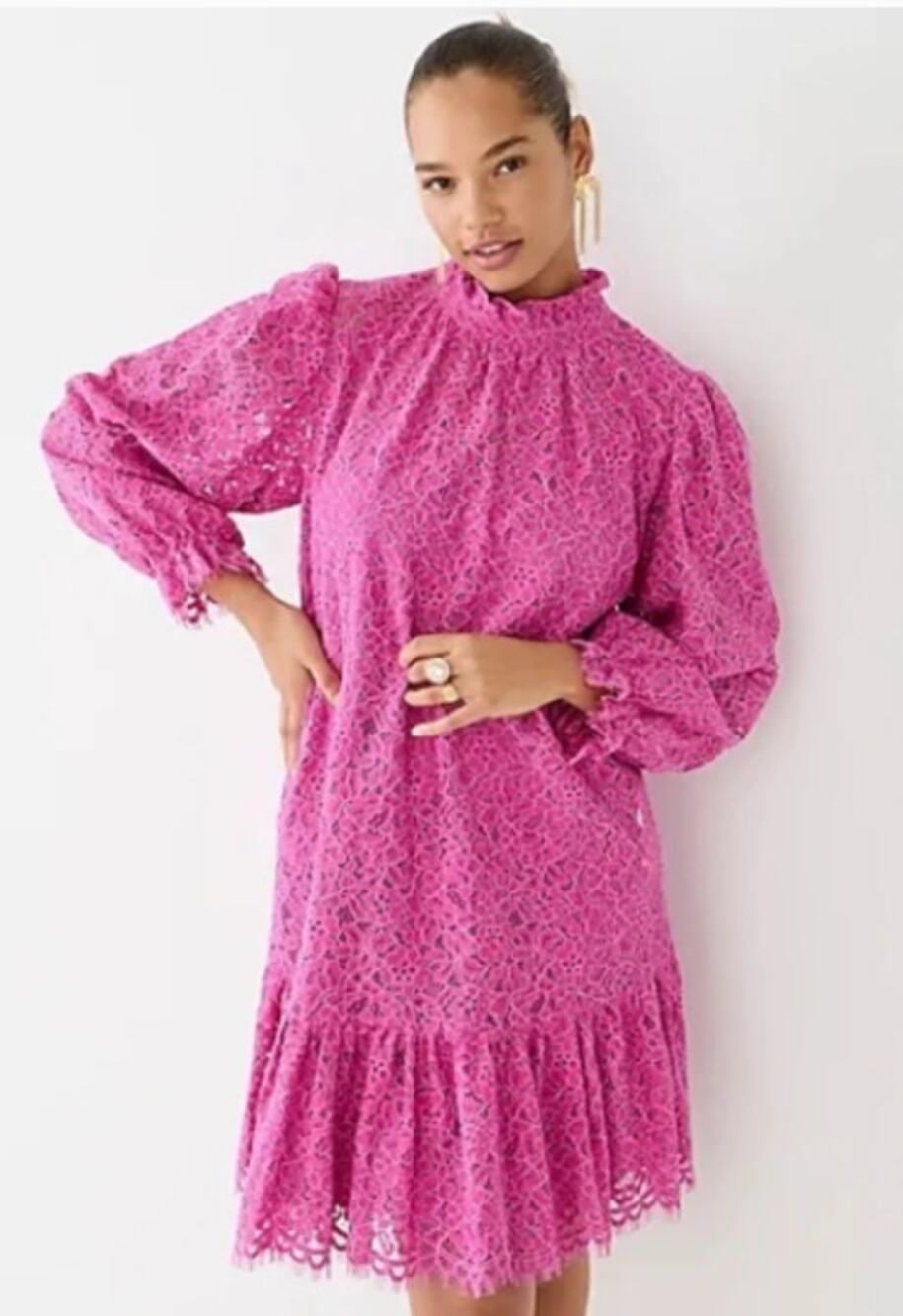 J.Crew Ruffle Neck Lace Drop Waist Shift Party Cocktail Dress Soft Azalea L $198